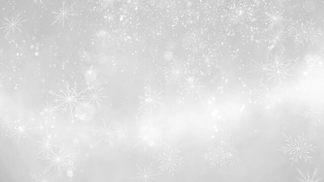 Bright and shine blurred Christmas background with looped artistic snowflakes falling down. Copy space animation.