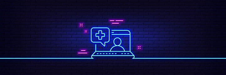 Neon light glow effect. Medicine laptop line icon. Online medical help sign. 3d line neon glow icon. Brick wall banner. Medical help outline. Vector