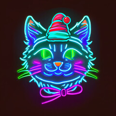 Cyberpunk christmas cat. Christmas Cyberpunk neon Cat signal. Twich christmas Cat Emoji. Christmas Cat in neon light signal. Light banner Cat with Santa Claus hat	
