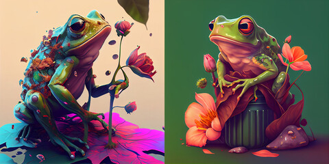 Colorful illustration of colorful frog in a flowers, surreal art, collection