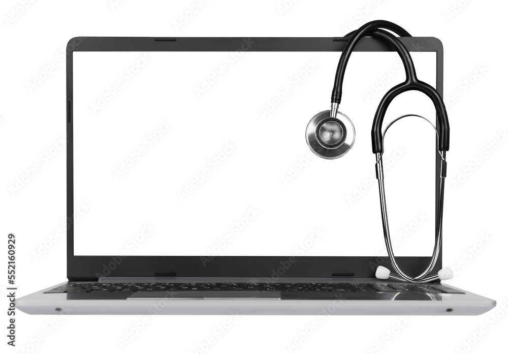 Wall mural Stethoscope on laptop with blank transparent screen isolated on transparent background