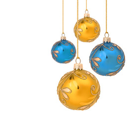 Composition of hanging blue and yellow christmas ornaments in the colors of Ukrainian national flag...