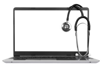 Stethoscope on laptop with blank transparent screen isolated on transparent background