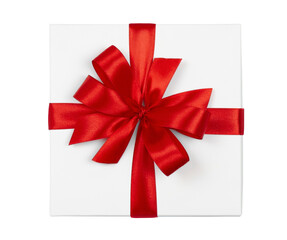 White gift box with red satin ribbon isolated on transparent background