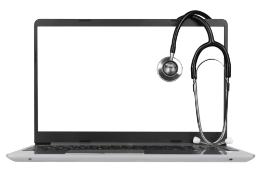 Stethoscope on laptop with blank transparent screen isolated on transparent background - Powered by Adobe