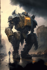 a battleworn mecha travelling through a destroyed city. Evil robot, cyborg machine, stunning atmosphere, storm clouds and rain, dieselpunk, cyberpunk, art illustration