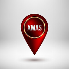 Red Merry Christmas, XMAS map pointer badge, gps button with metal gold ring realistic shadow and light background for design concepts, banners, apps, prints, web. Vector illustration.