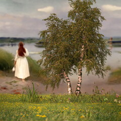 summer countryside trees and flowers in the meadow field  and beach  ,woman on horizon , nature...