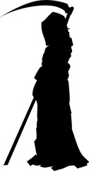 black silhouette of death with a scythe on a white background, isolated element, logo, design