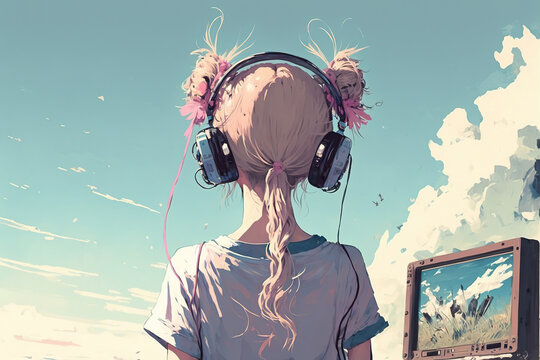 A young girl with headphones looking at the blue sky while listening to lofi hip hop music, abstract anime style