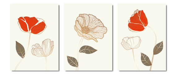 Elegant set of abstract vector paintings with golden poppies and red blots. Hand drawn line art style design for interior, wall decoration, decor.