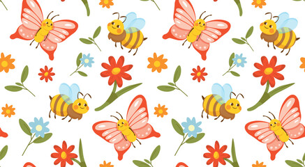 Insects seamless pattern. Repeating design element for printing on fabric. Plants, flora and fauna. Symbol of spring season. Bee and butterfly next to flowers. Cartoon flat vector illustration