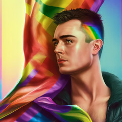 Fototapeta premium Portrait of a young man in front of the multicolour flag, with a rainbow painted portion of the hair, promoting LGBTQ+ values, created with Generative AI technology