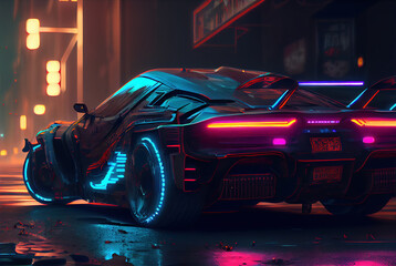 Obraz na płótnie Canvas Sports cyberpunk futuristic car on a neon cyberpunk background in the style of the 80s. generative ai 