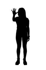 silhouette of a  full portrait of a woman with five finger raising on white background