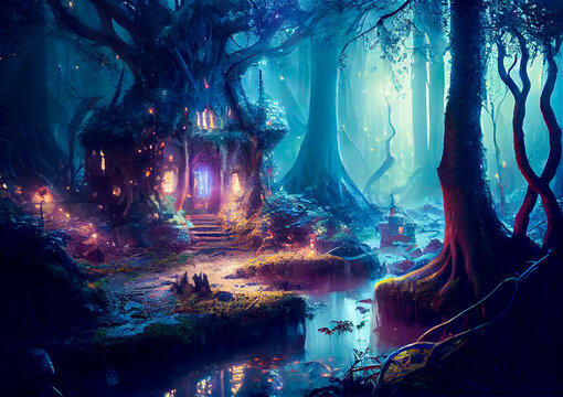 Elven city in the forest, elf, magic, forest, mysterious, fairytale, storybook, magic, magical, house, home, building, creature, fantasy, fantastic
