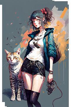 anime girl with cat