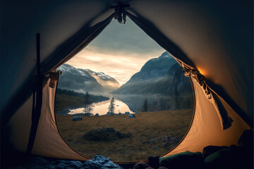 A beautiful photograph of the stunning landscape of Norway, as seen from inside a tent. The perspective from inside the tent adds a sense of coziness and serenity to the image.  - obrazy, fototapety, plakaty