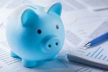 Moneybox for money on the background of documents and financial charts. Investment and capital accumulation concept