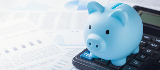 pig money box for money on background with calculator and financial charts. Investment and capital accumulation concept