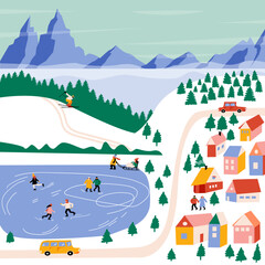 Fototapeta na wymiar Winter Landscape, mountains, ice rink, spruces, lake, snow, cozy houses, people, cars. Vector border, frame. Perfect for a postcard or poster