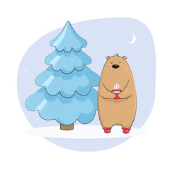 Christmas childrens illustration of new year cute bear with christmas tree