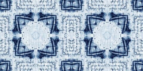 Indigo dye wash coastal damask seamless border pattern. Washed out geometric dip dyed blur effect edging. Nautical and marine ocean blue masculine endless tape background with linen texture trim.