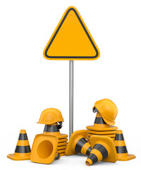 Set of safety helmets or hard hats and traffic cones, road sign on white