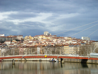 Panoramic view of city, river and bridge on a spring day. Lyon. France.