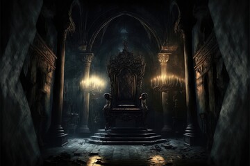 Majestic throne in the castle of darkness. AI