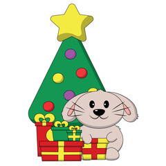 Cute Rabbit and Christmas tree and gift box in color