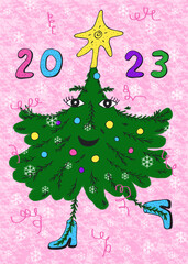 Hand drawn digital JPG Image of funny 
christmas tree.  Isolated. 
Congratulatory print  for card, 
poster. New Year 2023.