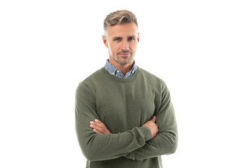 adult grizzled man in sweater. grizzled man has stubble. studio shot of grizzled man.