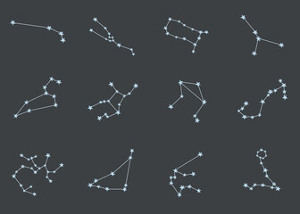 Watercolor illustration. Hand painted constellations: Aries, Taurus, Gemini, Cancer, Leo, Virgo, Libra, Scorpio, Sagittarius, Capricorn, Aquarius, Pisces on blue background. Zodiac sign, star, planet