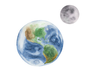 Obraz na płótnie Canvas Watercolor illustration. Hand painted Earth and Moon Grey satellite. Planet with oceans, seas, mountains, continents. Outer space. Extraterrestrial object of Solar system. Earth Day banner, poster