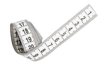 white measuring tape isolated on white background, top view
