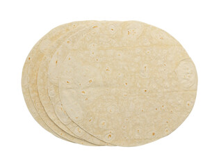 five wheat round tortillas or pita lavash round flat bread from above, isolated on white background