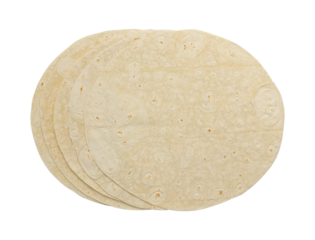 five wheat round tortillas or pita lavash round flat bread from above, isolated on white background