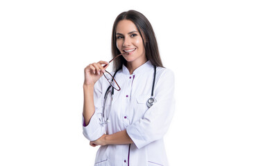 cheerful woman cardiologist isolated on white background. cardiologist woman in studio.