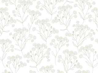 Fototapeta na wymiar Seamless grey and white floral pattern. Botanical clip art. Wildflowers wreath skethc.Vector line drawn leaves and flowers branches.Vector grey and white flowers.