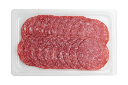 salami sausage slices isolated on white background, sliced sausage in plastic package