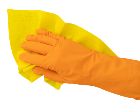 hand in rubber glove holds yellow rag on white background, house cleaning concept