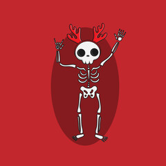 Christmas Illustration of a cute new year skeleton in a santa hat with horns, Merry Christmas illustrations