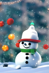 Fototapeta premium Generative AI illustration of an adorable, happy snowman at Christmas in the snow.