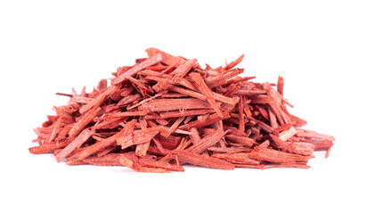 Red Sandalwood incense chips, isolated on white background. Sanderswood, rubywood or red saunders.