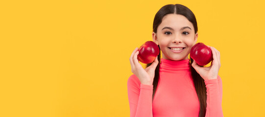 childhood health. natural organic fresh apple. healthy life. diet and kid beauty. Child girl portrait with apple, horizontal poster. Banner header with copy space.