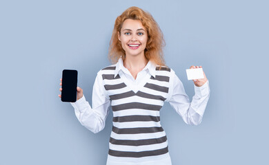 woman presenting transaction app isolated on grey. woman presenting transaction app