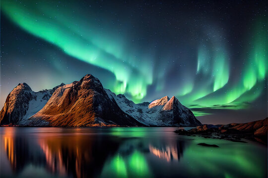 northern lights over water and mountain