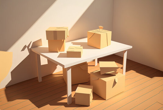 A wooden table with variously sized and shaped beige paper boxes is in a studio with white walls. Generative AI