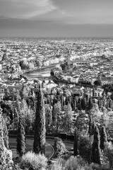 Panorama of Verona, Veneto, Italy at sunset seen from the Santuary of Our Lady of Lourdes in black and white